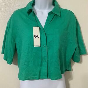 NWT GU Retro Minimalist Clean Girl Green Linen Blend Cropped Button Up Top Small